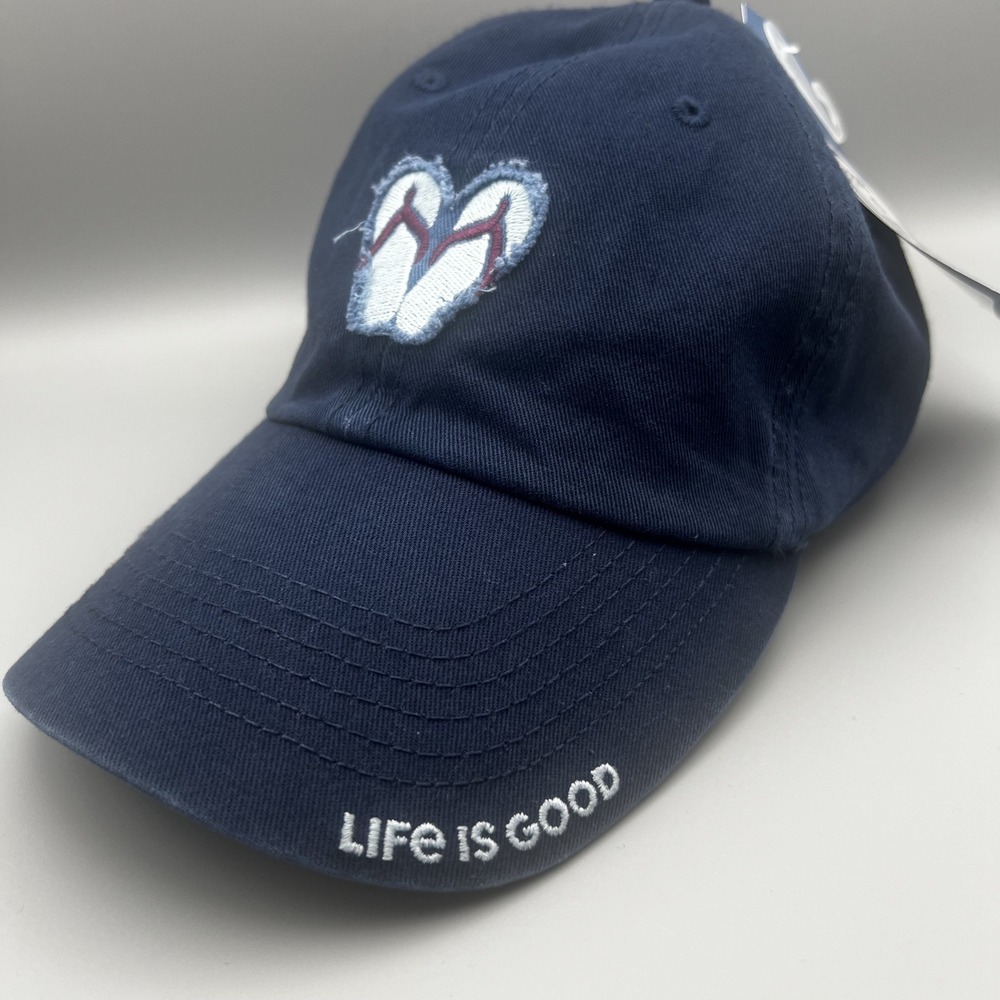 Life is Good Darkest Blue Flip Flops Heart Tattered Chill Baseball Cap Hat 57403 - Picture 1 of 7